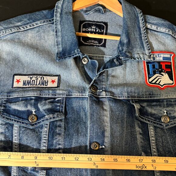 Born Fly Men's 3XL Embroidered Patchwork Aviator Heavy Long Sleeve Denim Jacket - Picture 5 of 10